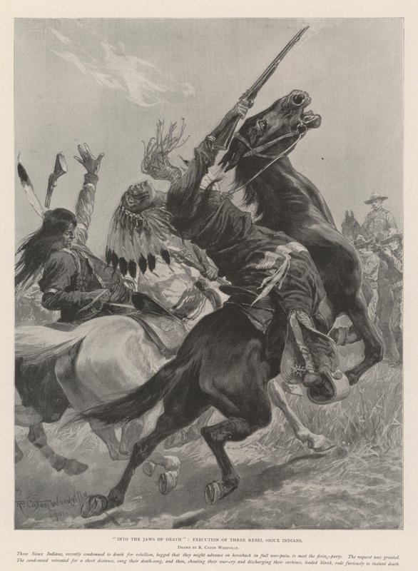 Into the Jaws of Death, kolmen kapinallisen siuu-intiaanien teloitus tekijältä Richard Caton Woodville junior