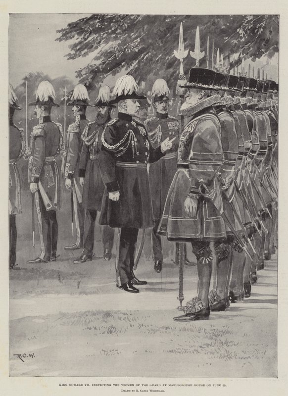 Kuningas Edward VII tarkastamassa vartijan Yeomenia Marlborough Housessa 25. kesäkuuta tekijältä Richard Caton Woodville junior