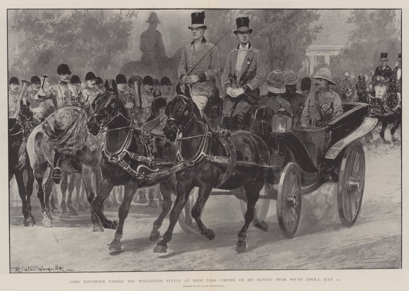 Lord Kitchener ohittaa Wellingtonin patsaan Hyde Park Cornerissa palatessaan Etelä-Afrikasta 12. heinäkuuta tekijältä Richard Caton Woodville junior
