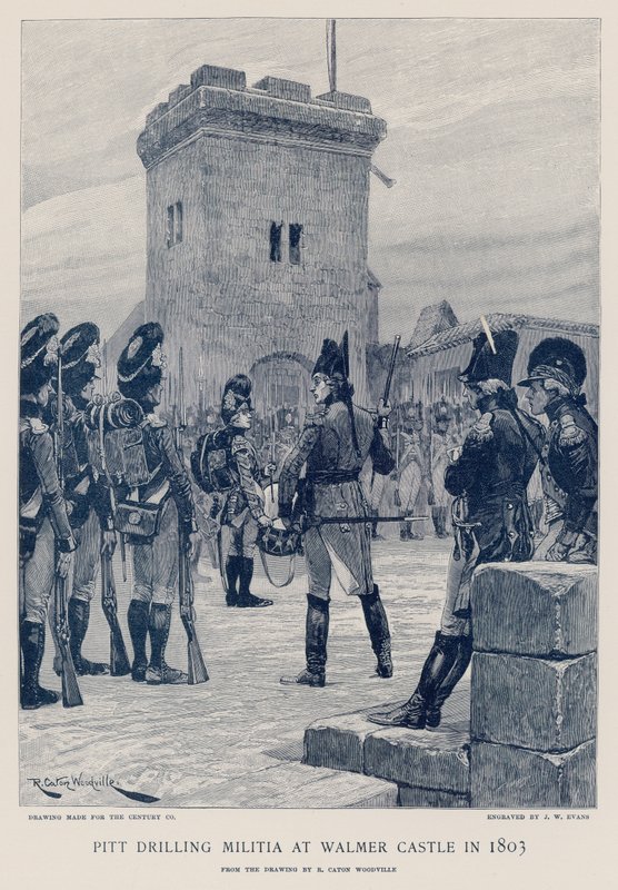 Pitt harjoittaa miliisiä Walmerin linnassa vuonna 1803. tekijältä Richard Caton Woodville junior
