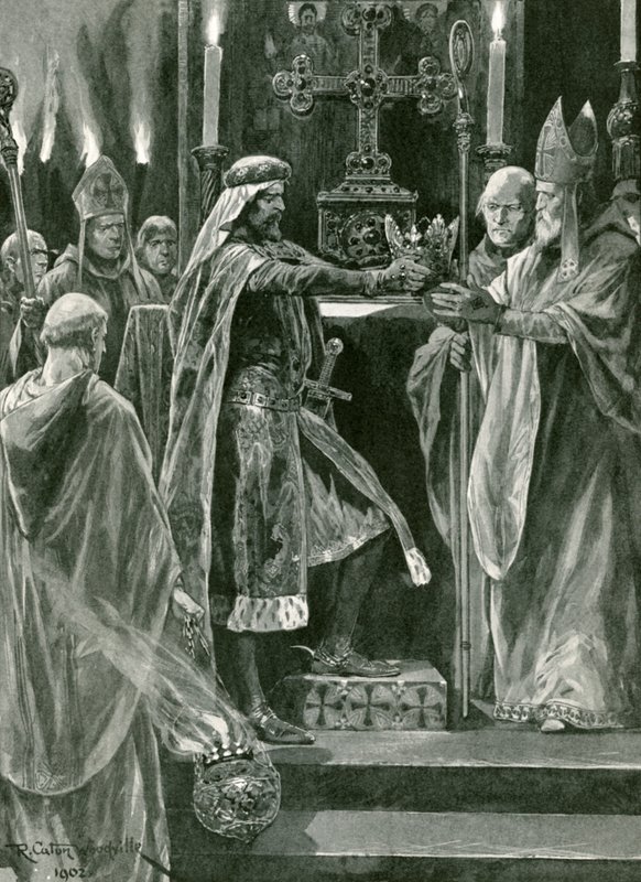 Richard I luovuttamassa kruunun arkkipiispalle ennen kruunausta tekijältä Richard Caton Woodville junior