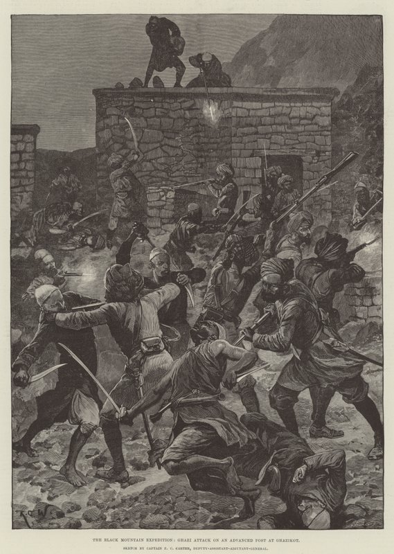 Black Mountain Expedition, Ghazi hyökkäys Advanced Post Ghazikotissa tekijältä Richard Caton Woodville junior