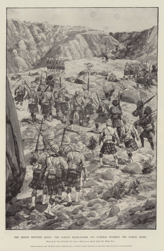 Indian Frontier Rising, Gordon Highlanders ja gurkhat hyökkäävät Dargain harjulle tekijältä Richard Caton Woodville junior