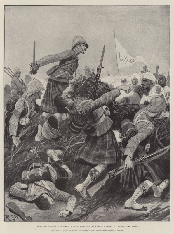 Soudanin eteneminen, Seaforth Highlanders pakottaa Mahmudin Zareban Atbaran taistelussa tekijältä Richard Caton Woodville junior