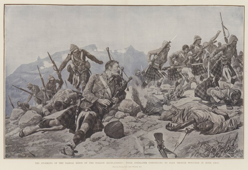 Gordon Highlandersin Dargai Ridge -myrsky, Piper Findlater jatkaa pelaamista, vaikka loukkaantui molemmissa jaloissa tekijältä Richard Caton Woodville junior