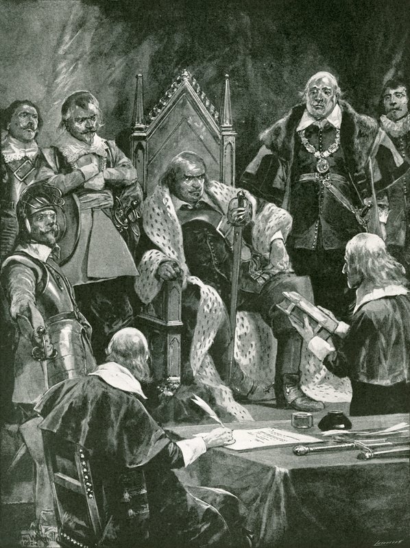 Raamatun esittely Oliver Cromwellin vihkiäisissä Lord Protectoriksi tekijältä Richard Caton Woodville junior