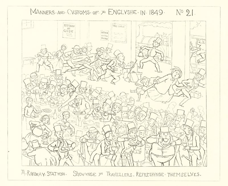 1849, Rautatieasema, joka näyttää matkustajien virkistävän itseään tekijältä Richard Doyle