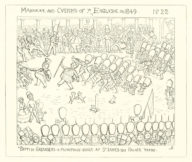 1849, British Grenadiers nostaa vartijaa St Jamesin palatsipihalle tekijältä Richard Doyle