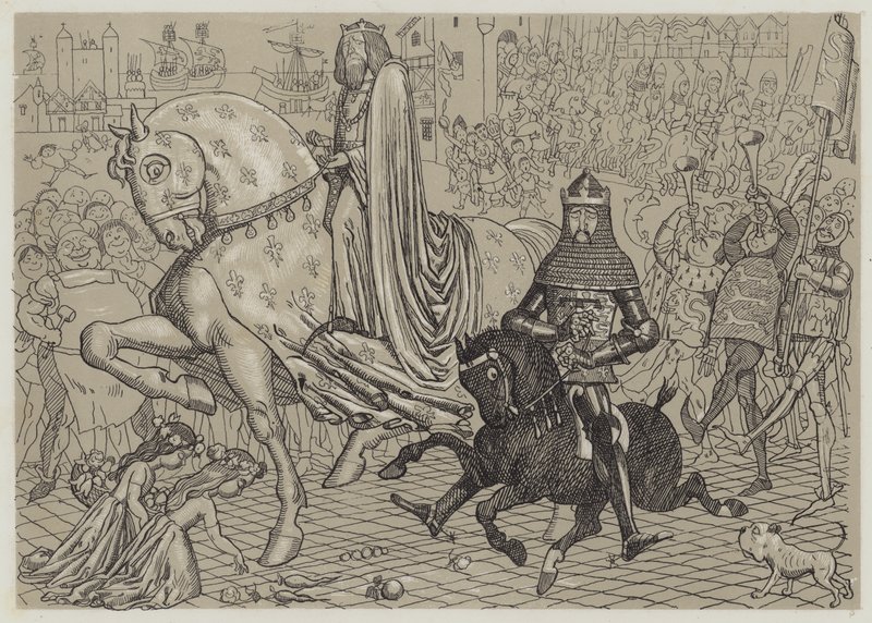 Edward Musta prinssi vankina Ranskan kuningas Johnin kanssa saapumassa Lontooseen (akvatinta) tekijältä Richard Doyle