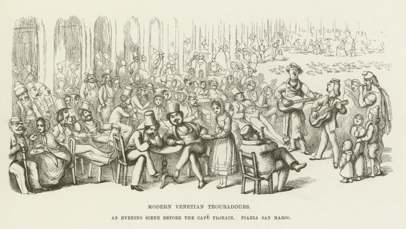 Modernit venetsialaiset trubaduurit, iltakohtaus ennen Cafe Floriania, Piazza San Marco tekijältä Richard Doyle