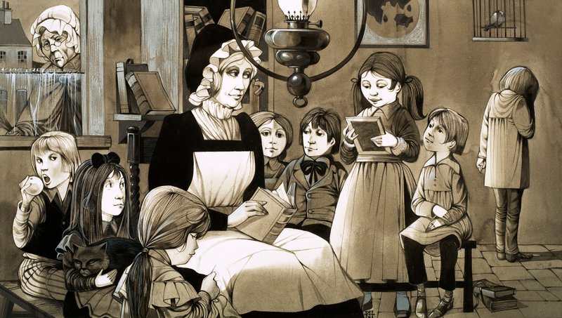 "Dame School" 1830-luvulta (guassi paperille). tekijältä Richard Hook