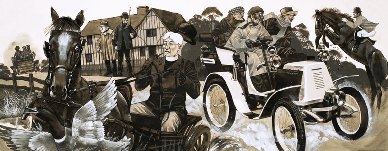 Kyläläisiä ja heidän hevosiaan pelotteleva meluisa uusi moottoriauto tekijältä Richard Hook