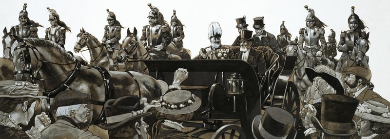 Yleisö huudahti ja buuasi, kun kuningas Edward ajoi valtiomiehenä Pariisin halki. tekijältä Richard Hook