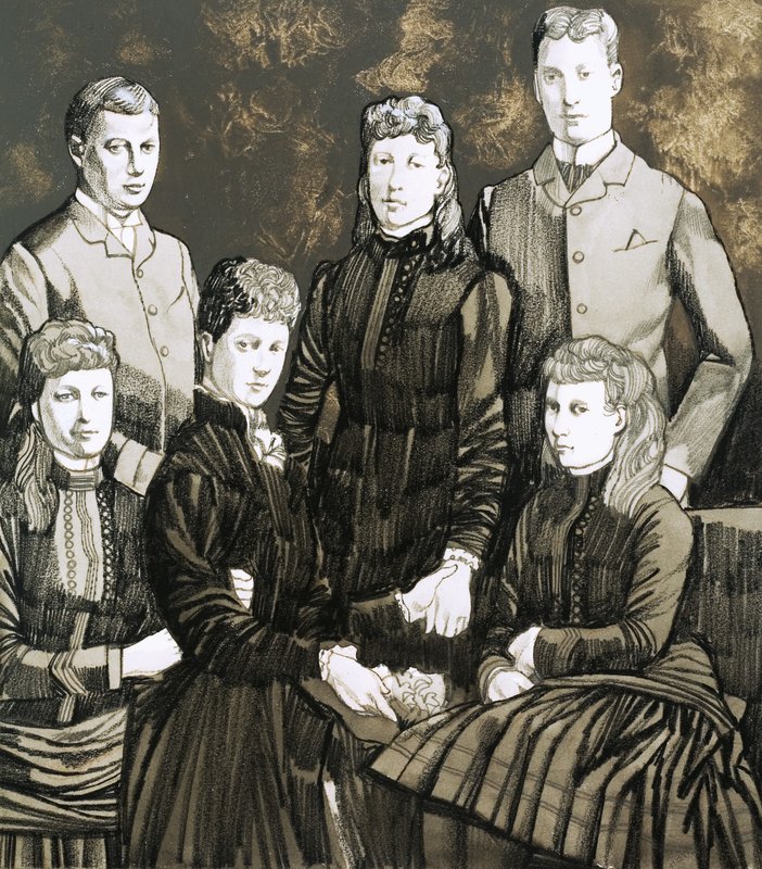 Tanskan prinsessa Alexandra, kuningas Edwardin vaimo, ja hänen viiden lapsen perheensä. tekijältä Richard Hook