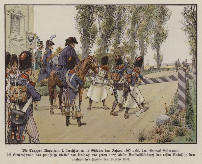 Ranskan joukot kenraali Kellermannin komennossa ylittävät rajan Preussin alueelle Sickershausenissa, lokakuussa 1805 (väri litho) tekijältä Richard Knotel