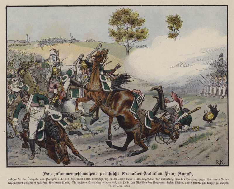 Preussin prinssi Augustuksen Grenadier-pataljoona Prenzlaun taistelussa 28. lokakuuta 1806 (värikuva) tekijältä Richard Knotel