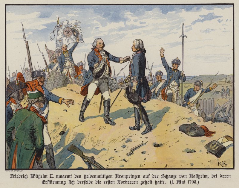 Preussin kuningas Frederick William II syleilee sankarillista poikaansa, kruununprinssi Frederick Williamia Kostheimin kukkulalla tekijältä Richard Knotel