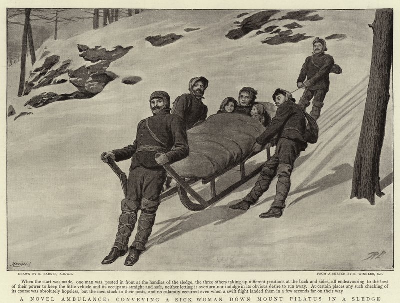 Romaani Ambulanssi, joka kuljettaa sairaan naisen alas Pilatusvuorelta kelkkaillen tekijältä Robert Barnes