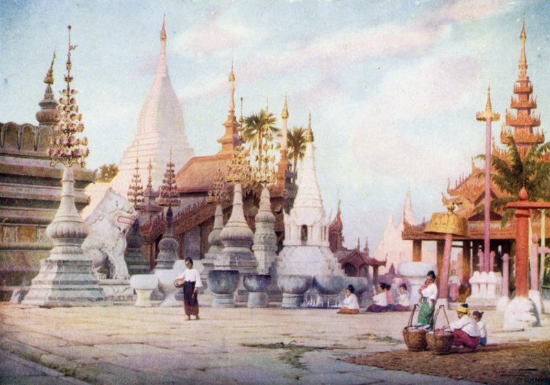 Shwezigonin pagodin alusta, Bagan, Burma 1905 tekijältä Robert George Talbot Kelly