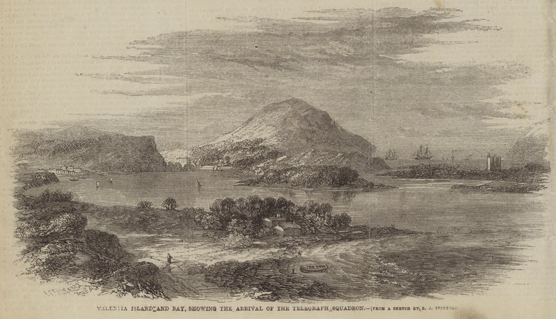 Valentia Island ja Bay, joka näyttää lennätinlentueen saapumisen tekijältä Robert L. Stopford