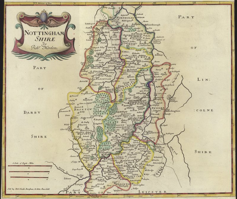 Nottinghamshiren kartta (värikaiverrus) tekijältä Robert Morden
