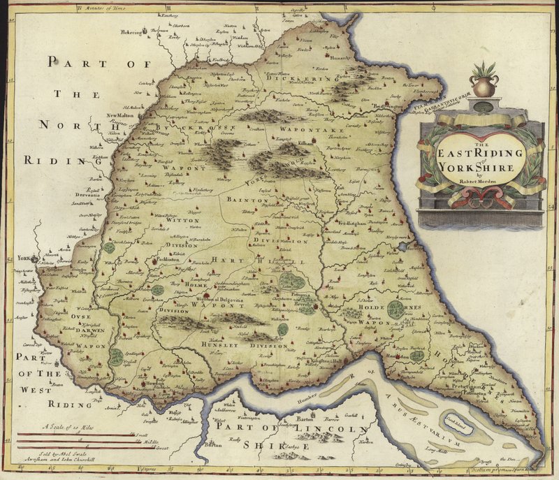 Yorkshiren East Ridingin kartta (värikaiverrus) tekijältä Robert Morden