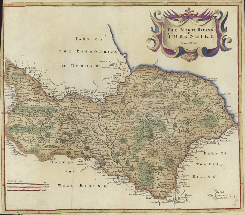 Yorkshiren North Ridingin kartta (värikaiverrus) tekijältä Robert Morden
