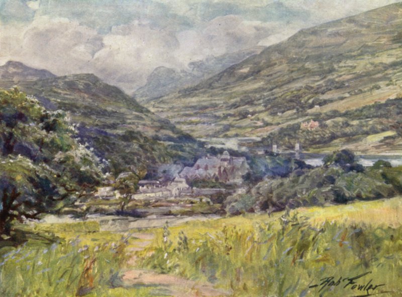 Bodnant Hall, Conway Valley (väri litho) tekijältä Robert (after) Fowler