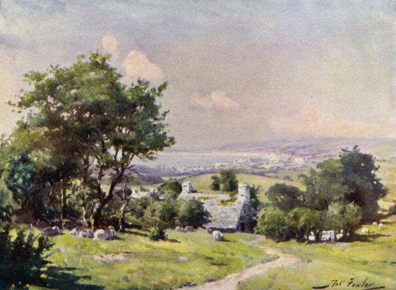 Kaukainen näkymä Carnarvonin lahdelle (väri litho) tekijältä Robert (after) Fowler
