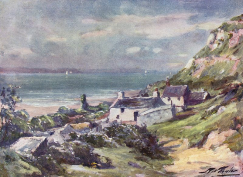Vanha mökki ja luostarin rauniot, Great Ormen pää (väri litho) tekijältä Robert (after) Fowler