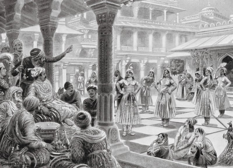 Akbar pelaa Fatehpur Sikrissä nappulapelejä Living Piecesin kanssa. tekijältä Robert Ambrose Dudley