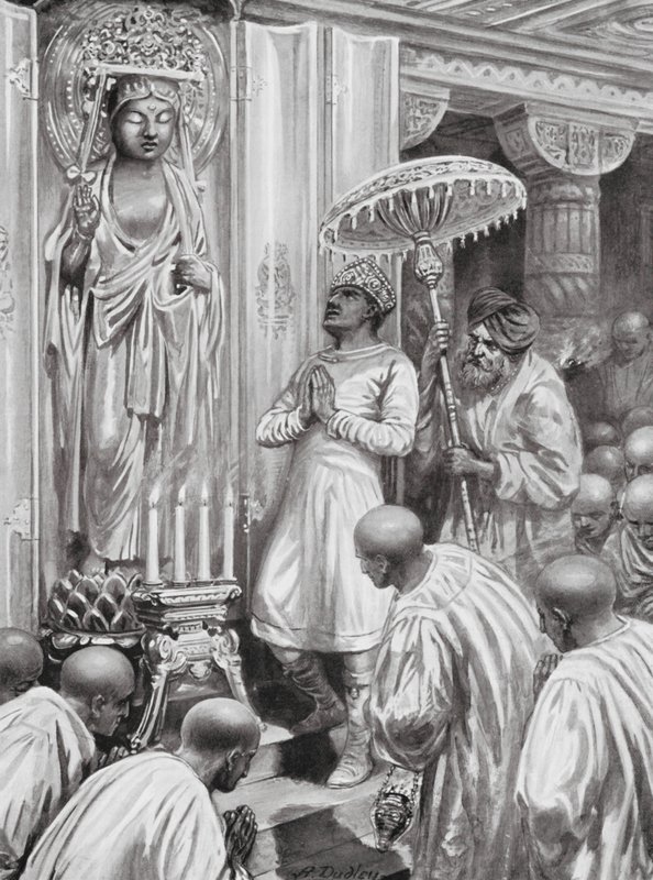 Kanishka avaa mahayana-buddhalaisuuden (pohjoinen buddhalaisuus), 100 jKr. (litografia) tekijältä Robert Ambrose Dudley