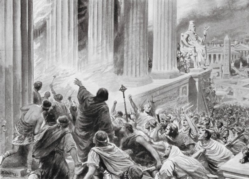 Aleksandrian kirjaston polttaminen, 391 jKr (litografia) tekijältä Robert Ambrose Dudley