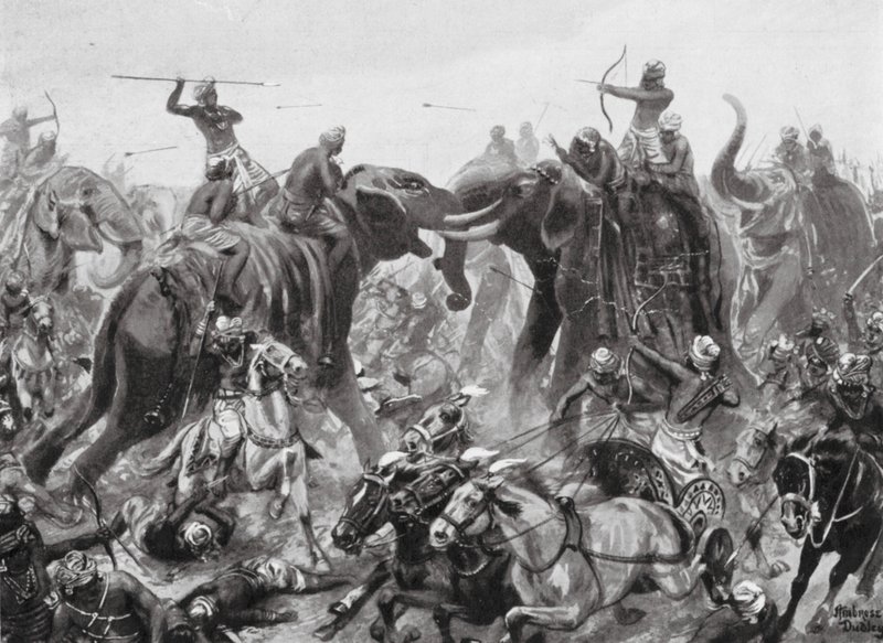 Pulikesin II Chalukhyan tappio Mahamalla Pallavan toimesta Badamissa, 642 jKr (litografia) tekijältä Robert Ambrose Dudley