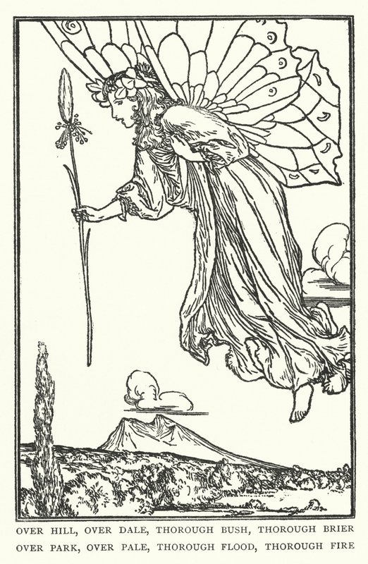 Yli kukkulan, yli laaken, perusteellinen pensas, perusteellinen purjo, puiston yli, kalpea, perusteellinen tulva, perusteellinen tuli (litho) tekijältä Robert Anning Bell