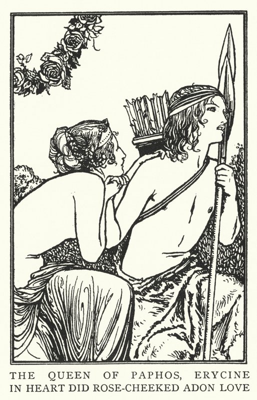 Pafoksen kuningatar, Erycine, sydämessään rakasti ruusupokkista Adonia (litho) tekijältä Robert Anning Bell