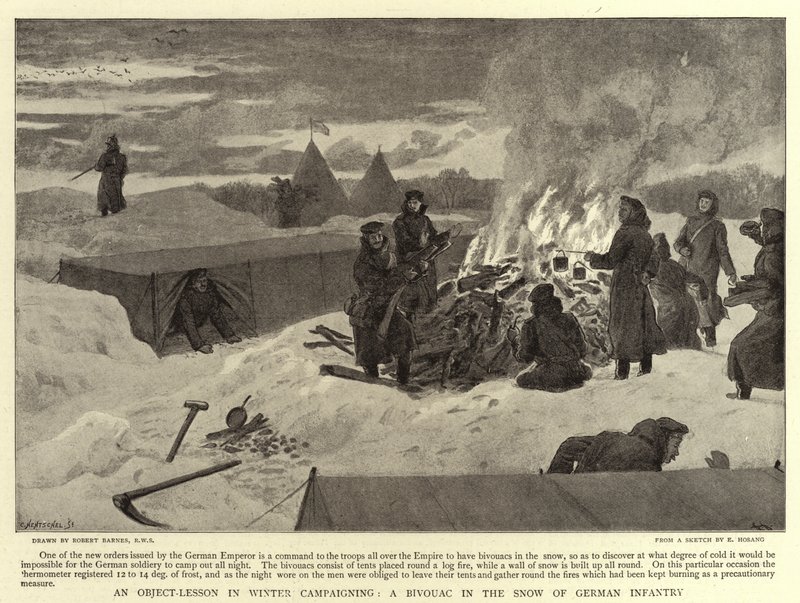 Esineopetus talvikampanjoinnista, saksalaisen jalkaväen bivouac lumessa. tekijältä Robert Barnes