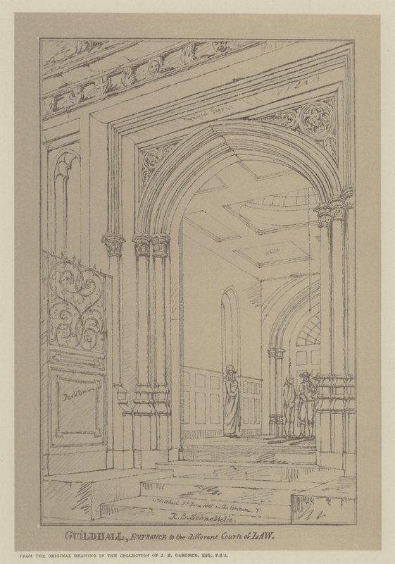 Sisäänpääsy eri tuomioistuimiin, Guildhall, Lontoo tekijältä Robert Blemell (after) Schnebbelie