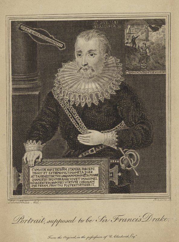 Francis Drake (kaiverrus) tekijältä Robert Blemell (after) Schnebbelie