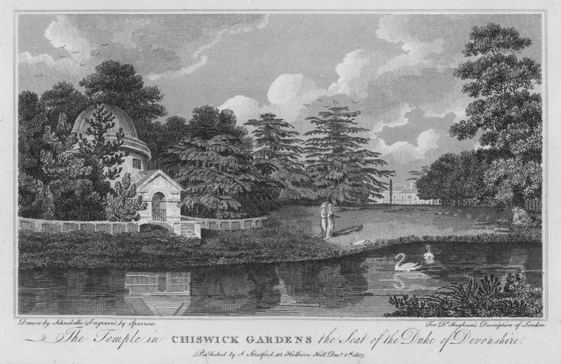 Temppeli Chiswick Gardensissa, Devonshiren herttuan kotipaikka (kaiverrus) tekijältä Robert Blemell (after) Schnebbelie