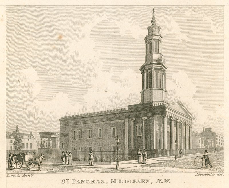 St Pancrasin kirkko, Lontoo, Middlesex; näkymä luoteeseen tekijältä Robert Blemell Schnebbelie