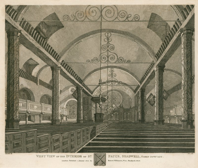 Länsinäkymä St Paulin sisätiloista Shadwellissa Lontoossa, purettu 1817 tekijältä Robert Blemell Schnebbelie