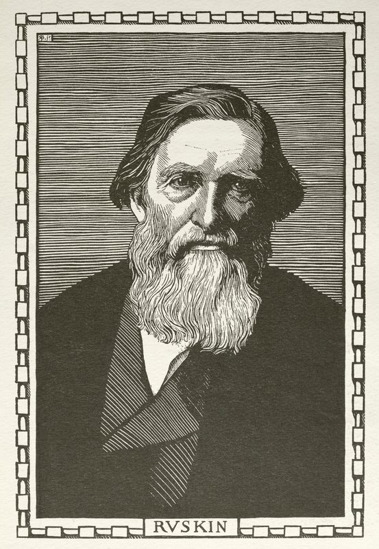 John Ruskin, englantilainen kirjailija, taidekriitikko, taiteilija ja sosiaalinen ajattelija (puupiirros) tekijältä Robert Bryden