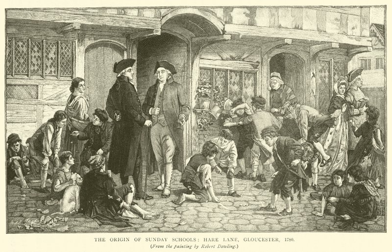 Pyhäkoulujen alkuperä, Hare Lane, Gloucester, 1780 tekijältä Robert Dowling