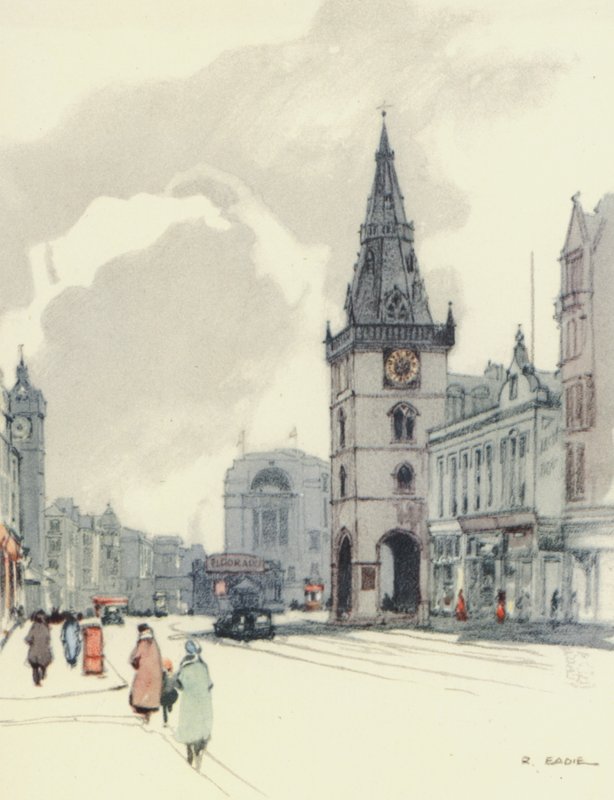 Glasgow: Tolbooth and the Tron Steeple (värilitografia). tekijältä Robert Eadie