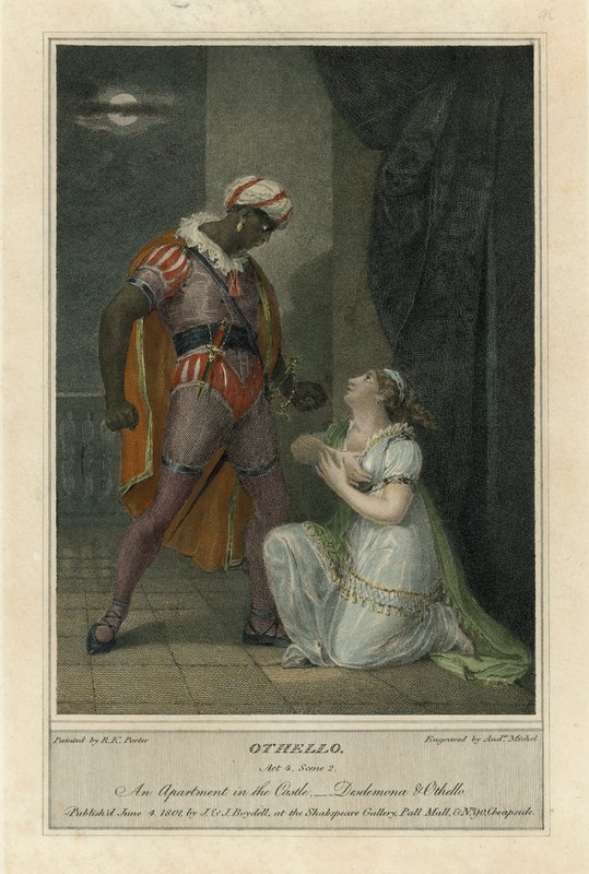 Kuvitus Shakespearen Othellolle, näytös 4, kohtaus 2 (värikaiverrus) tekijältä Robert Kerr (after) Porter