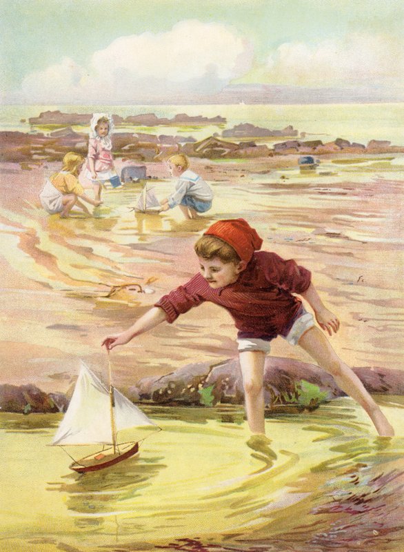 Hänen uusi veneensä - poika leikkii leluveneellä rannalla (väri litho) tekijältä Robert Lillie