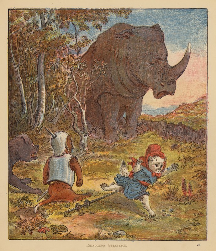 Kissanpentujen pyhiinvaeltajat: Rhinoceros Sulkyface (väri litho) tekijältä Robert Michael Ballantyne