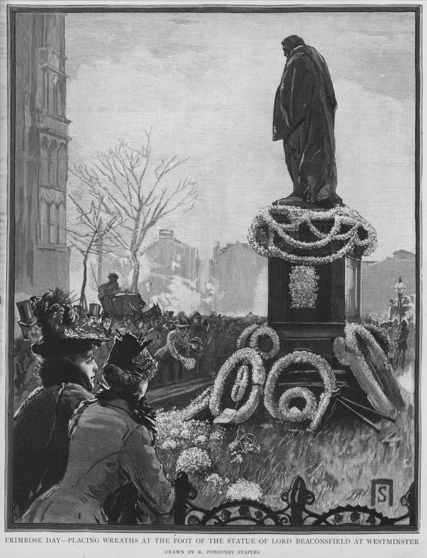 Seppeleiden laskeminen Englannin valtiomies Benjamin Disraelin patsaan juurelle Primrose Day -päivänä, hänen kuolemansa vuosipäivänä, Westminster, Lontoo tekijältä Robert Ponsonby (after) Staples