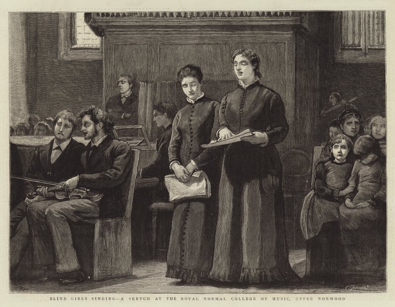 Blind Girls laulaa, sketch Royal Normal College of Musicissa, Upper Norwoodissa tekijältä Robert Walker Macbeth